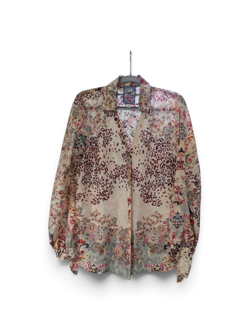 Johnny Was Women’s Small Floral Animal Print Boho Blouse Tie Sleeve